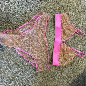 Chic Lace Bralette and Panty Set - Pink and Tan